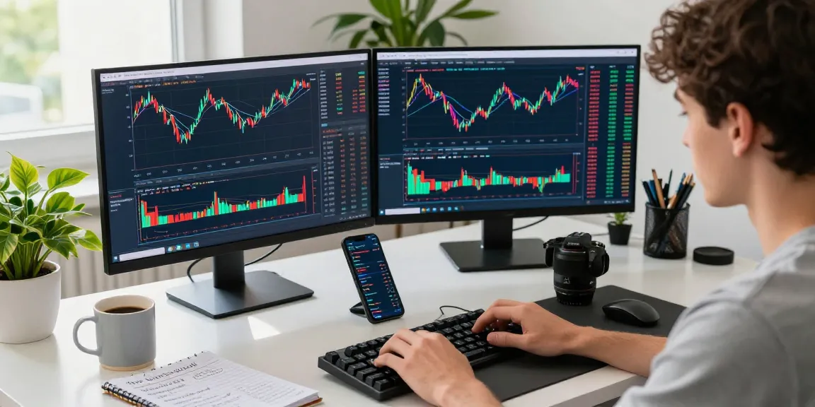 Un joven realizando trading cripto, analizando gráficos y tendencias en su oficina moderna.