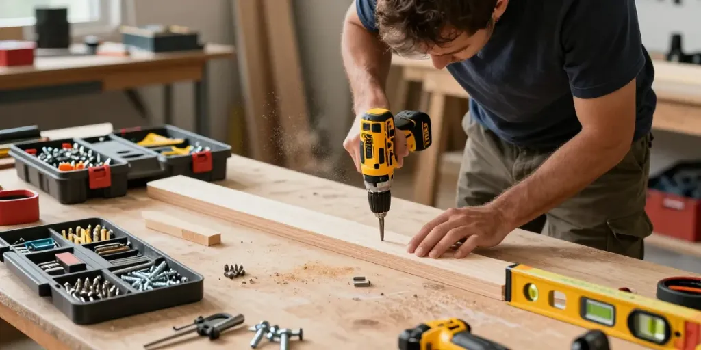 Ofertas del Black Friday Dewalt en un taller con herramientas eléctricas y un trabajador construyendo un proyecto.
