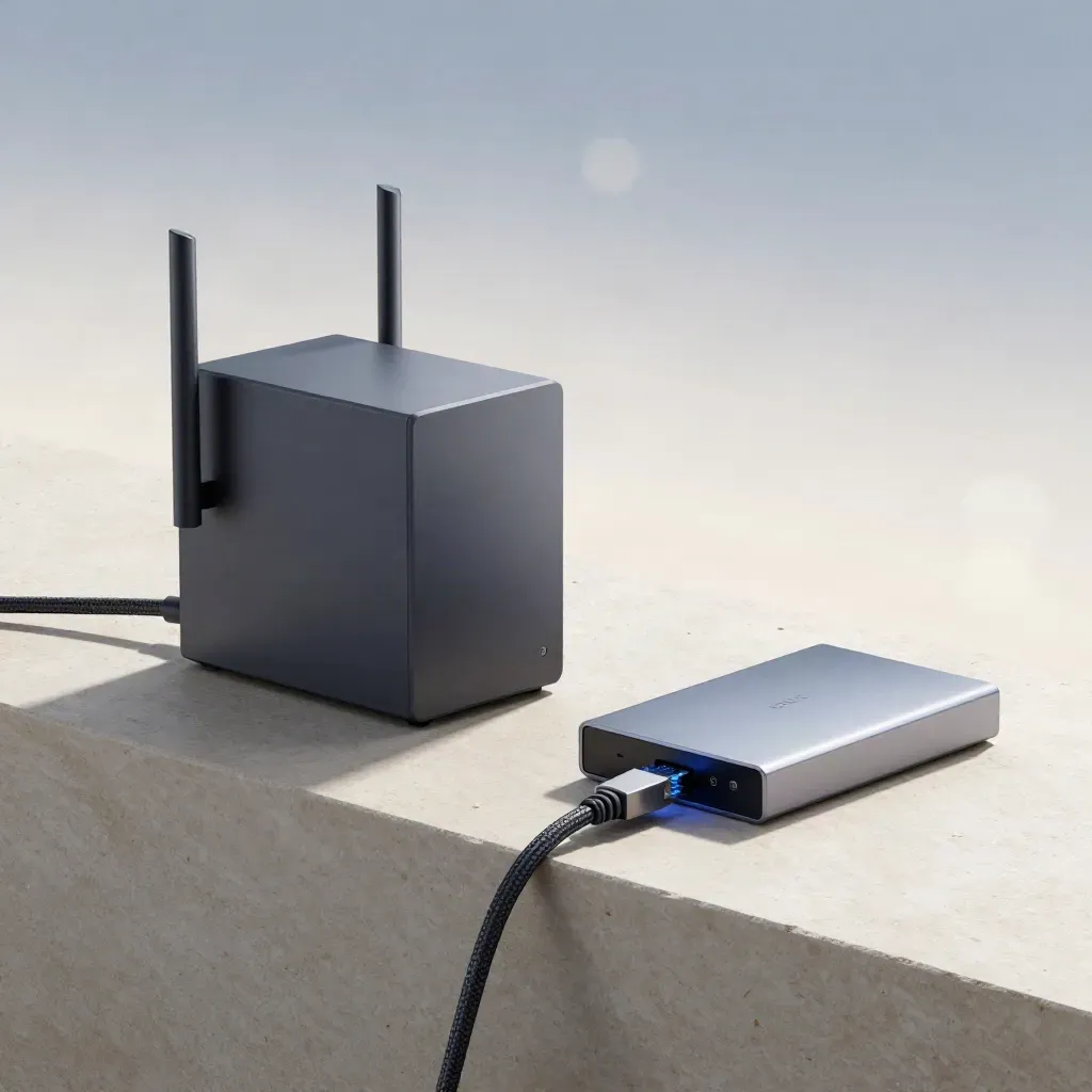 Router, NAS y cables de red sobre piedra clara con luz de mañana y fondo limpio.