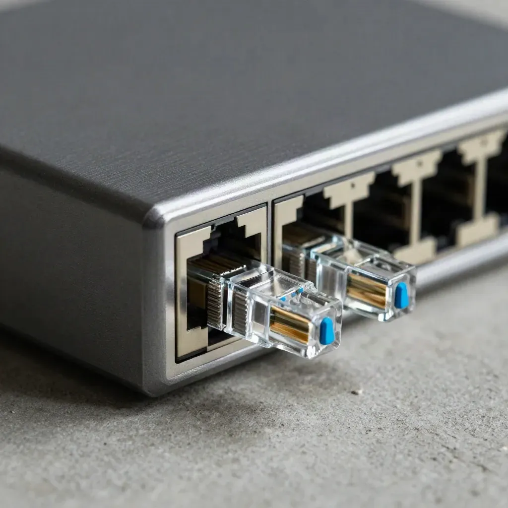 Conectores RJ45 a punto de encajar sobre un switch metálico, en macro lateral.