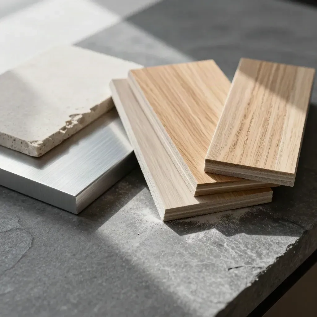 Muestrario arquitectónico de piedra, aluminio y roble sobre superficie gris clara.