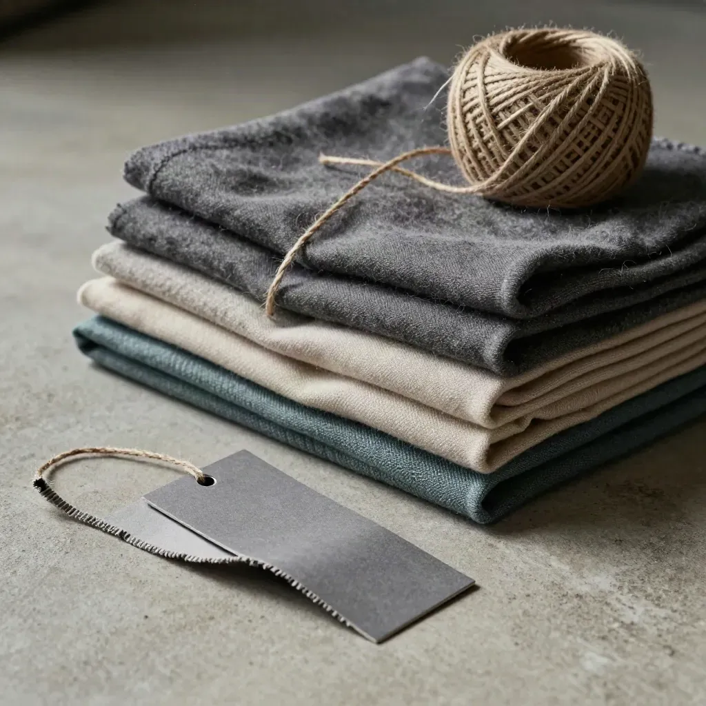 Muestrario textil, etiquetas y cordel sobre hormigón, con luz dramática y aire de taller.