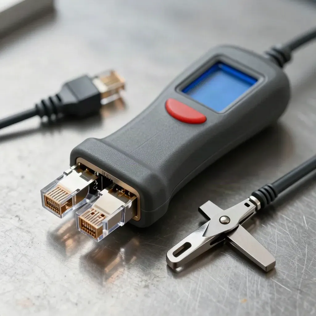 Tester RJ45, conectores ethernet y cuchilla de impacto sobre metal cepillado.