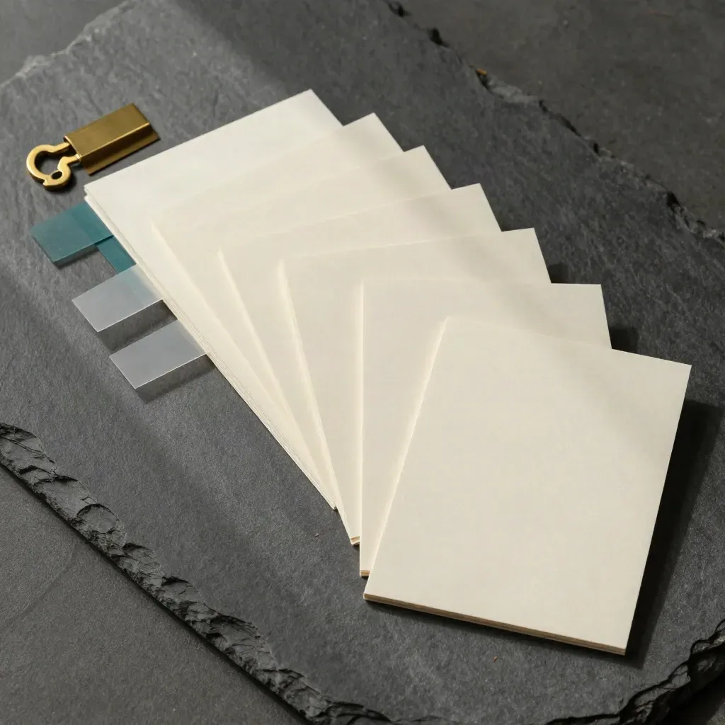 Tarjetas de planificación con pinza de latón y banderines sobre una piedra gris.