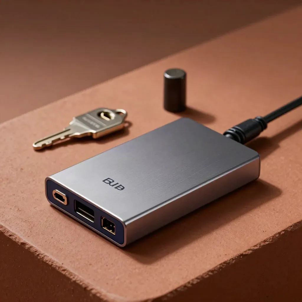 Logger USB, hub y llave de autenticación sobre terracota con luz dramática.