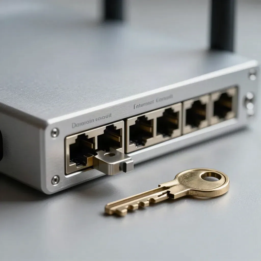 Llave de buzón de latón junto a un conector Ethernet y un router sobre aluminio cepillado.