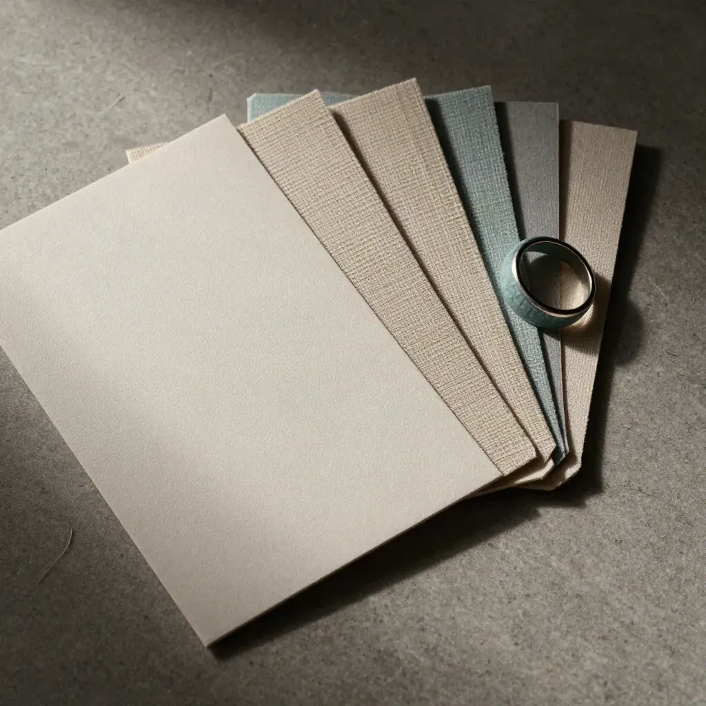 Muestras de papel y lino con acento verde azulado sobre piedra clara.