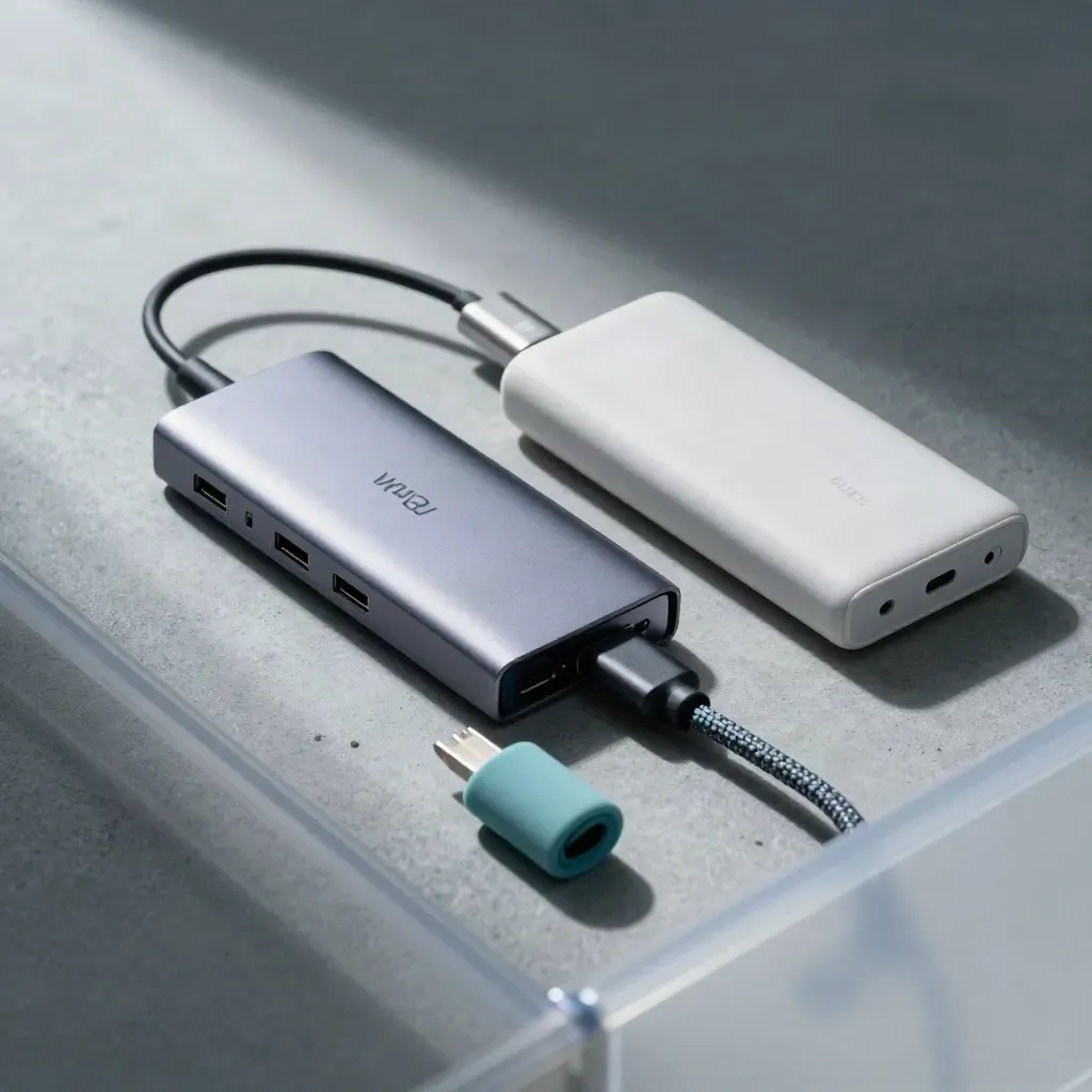 Kit de viaje con SSD portátil, hub multiport y power bank sobre concreto gris.