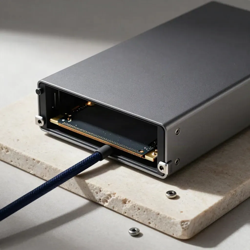 NAS compacto con SSD y piezas de rack sobre piedra clara, en macro premium para nube y hosting.