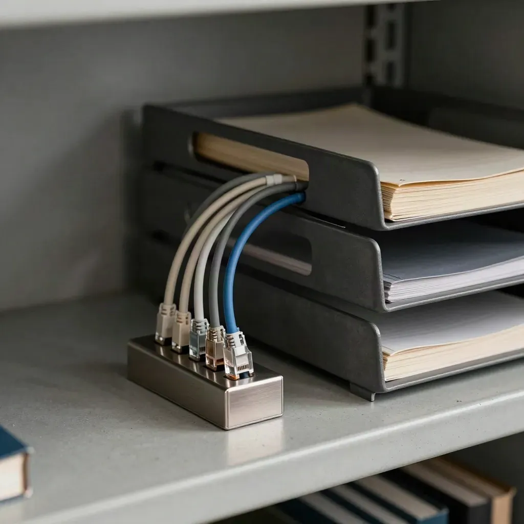Trío de bandejas de archivo, cable dock y libro contable cerrado vistos tras una estantería.