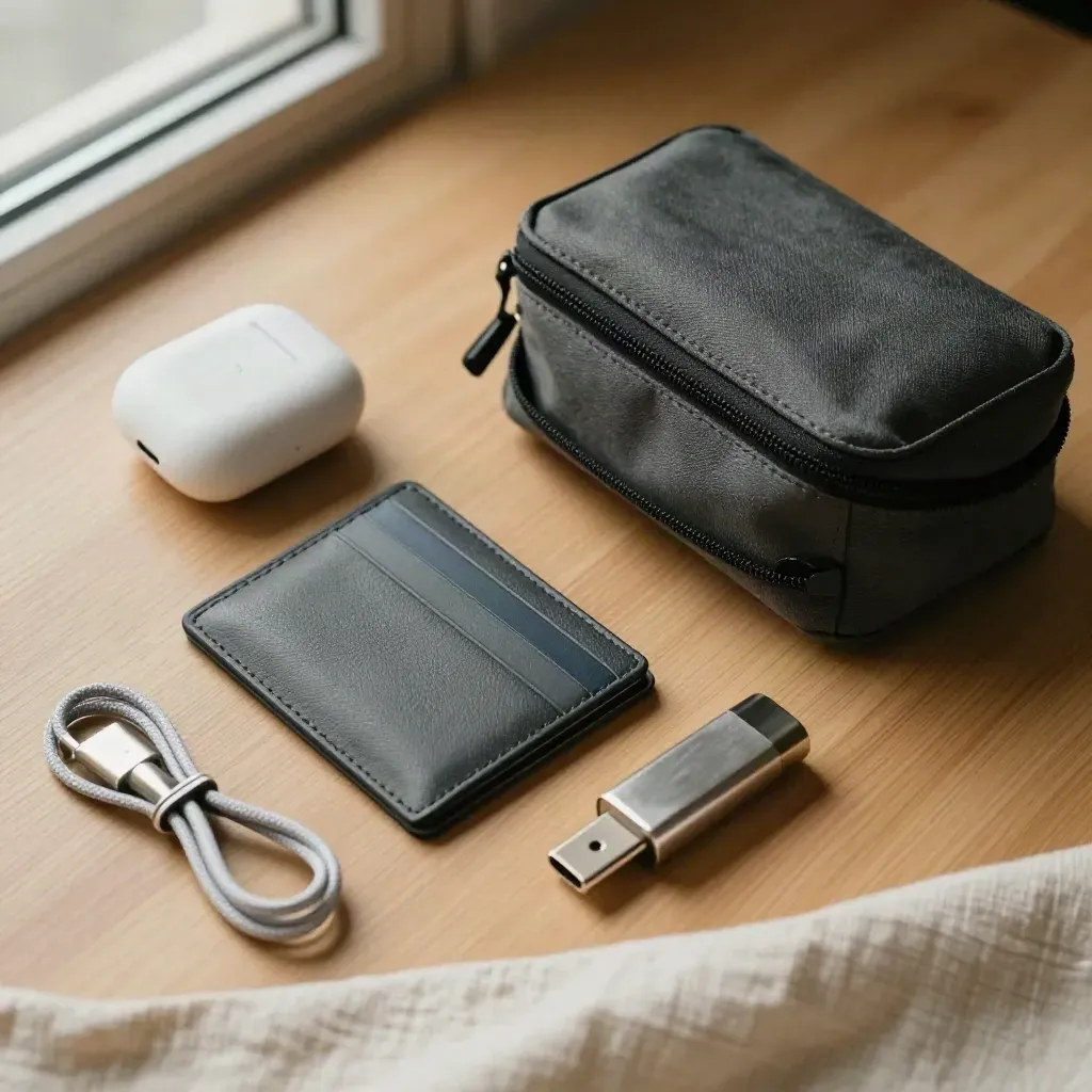 Kit de trabajo digital sobre madera clara con funda, auriculares, cartera y bridas.