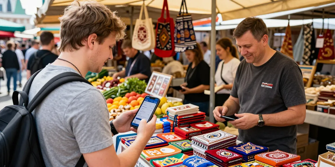 Pago en Rusia utilizando la aplicación https://payinrussia.com/ en un mercado concurrido de Moscú.