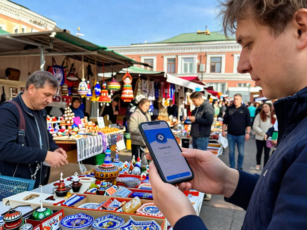El uso de https://payinrussia.com/ por un turista en un mercado de Moscú, mostrando la experiencia de pago fácil y conveniente.